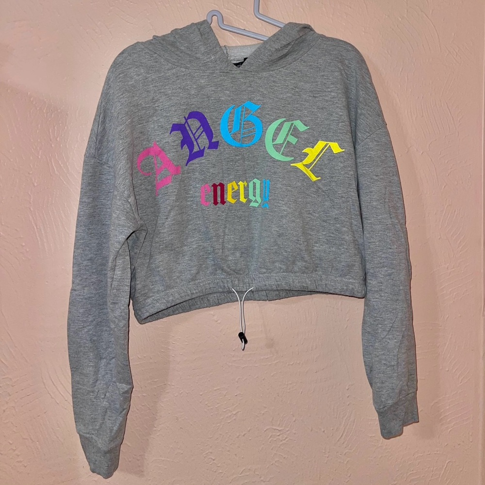 Gray Cropped Hoodie with Colorful 'Angel Energy' Design